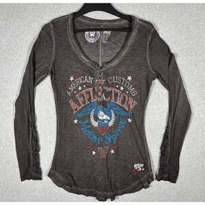 Affliction American Customs Motor Spirit Henley Top Lace Sleeve Charcoal Large